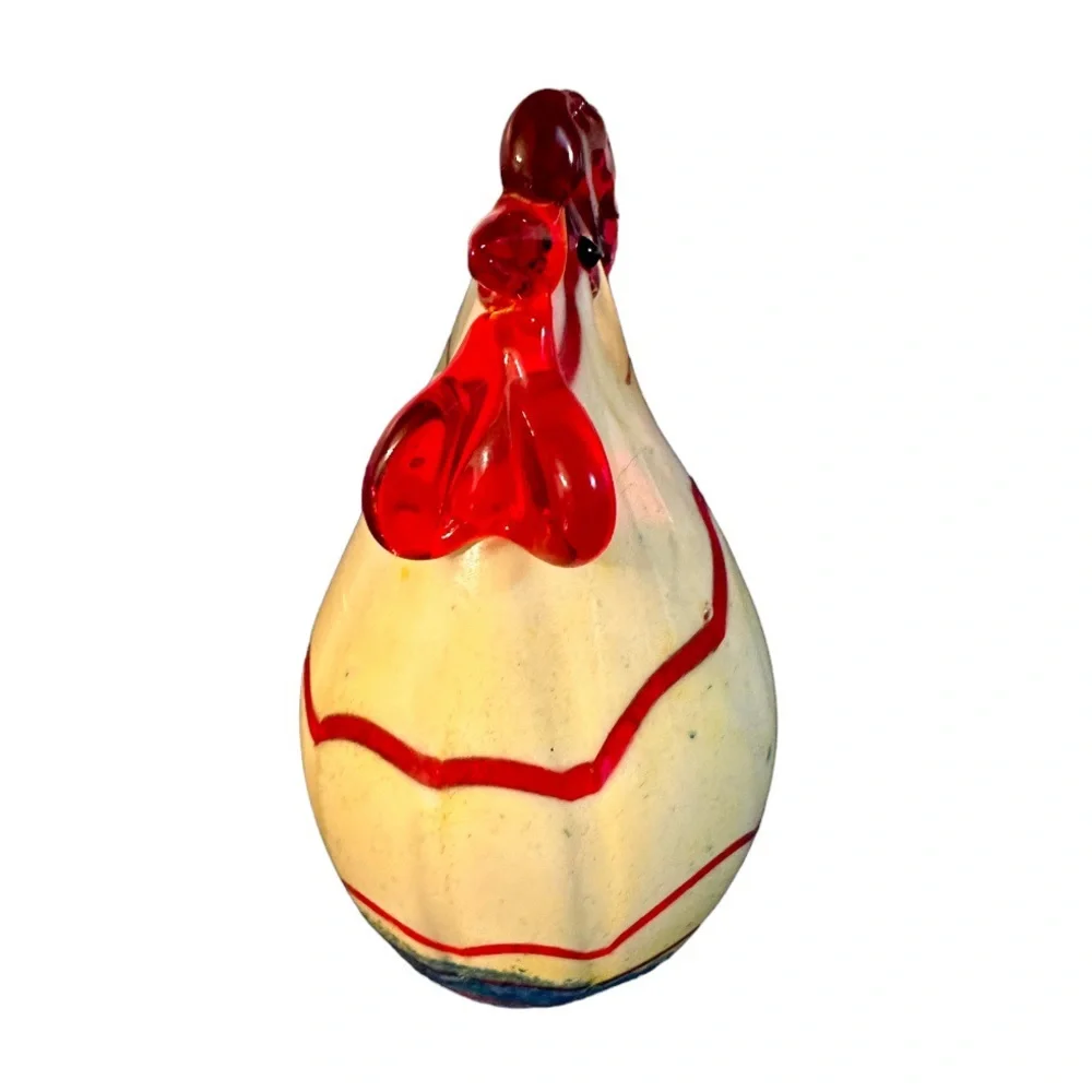 Vintage Murano Style Red White Hand Blown Art Glass Rooster Swirl Stripe 7”x6”